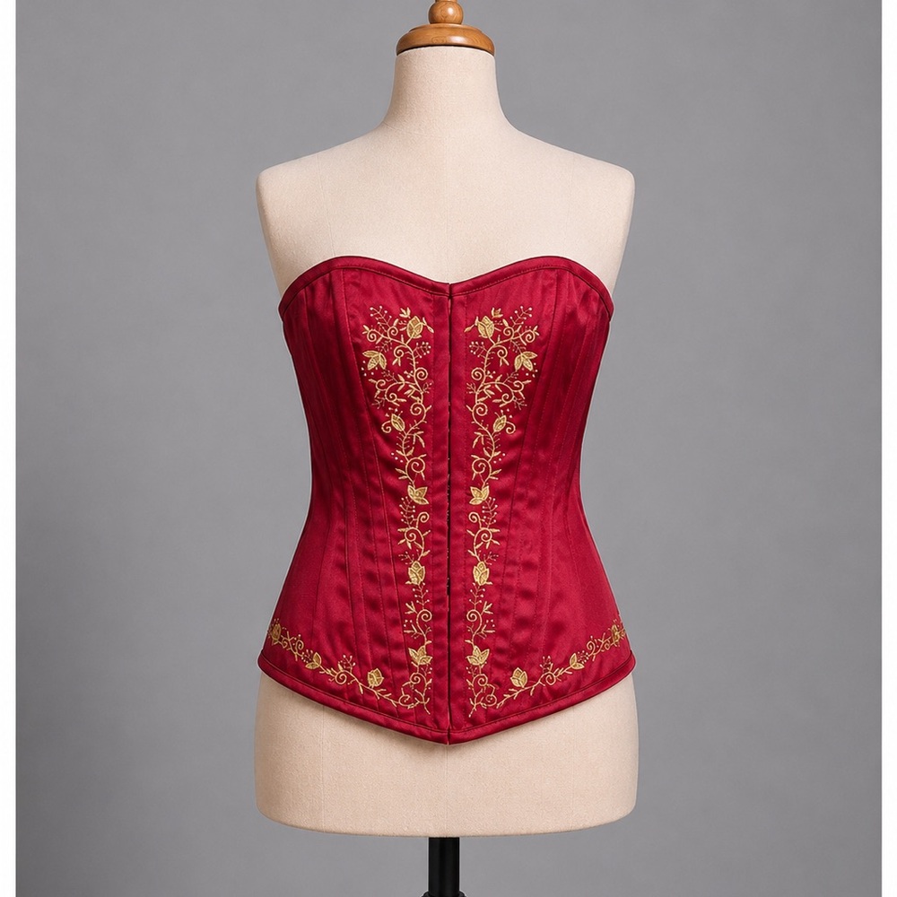 Vintage Y2K Corset Top Red Satin Gold Embroidered Lace Up Bustier Coquette Goth